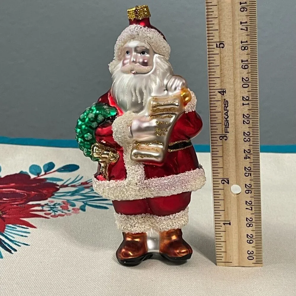 Vintage Santa Claus Christmas Ornament Handcrafted Glass Wreath‎ List Toys